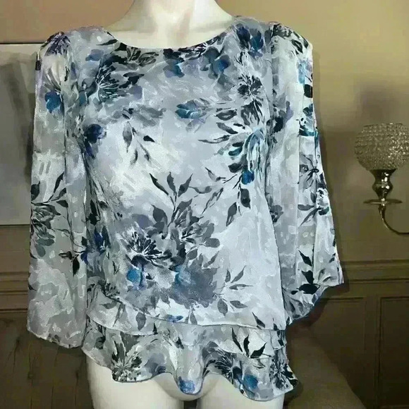 Alex Evenings Size small blue floral pattern asymmetrical layered top - Picture 3 of 7